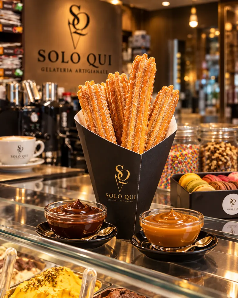 A Solo Qui carton of sugared churros with small bowls of chocolate and caramel sauce.