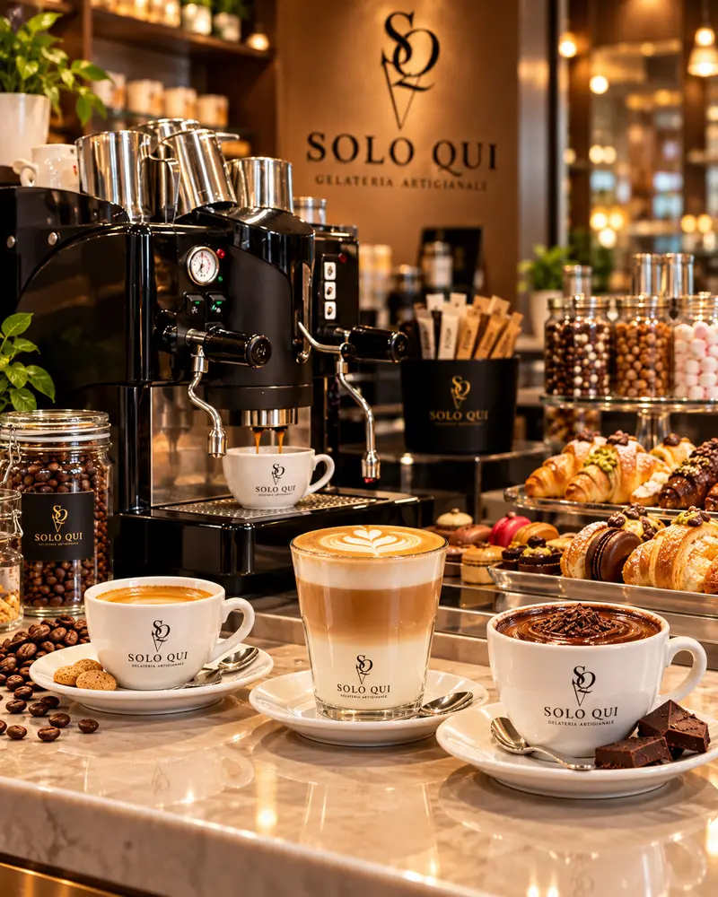 A cappuccino, a latte and a hot chocolate in Solo Qui cups beside the espresso machine.