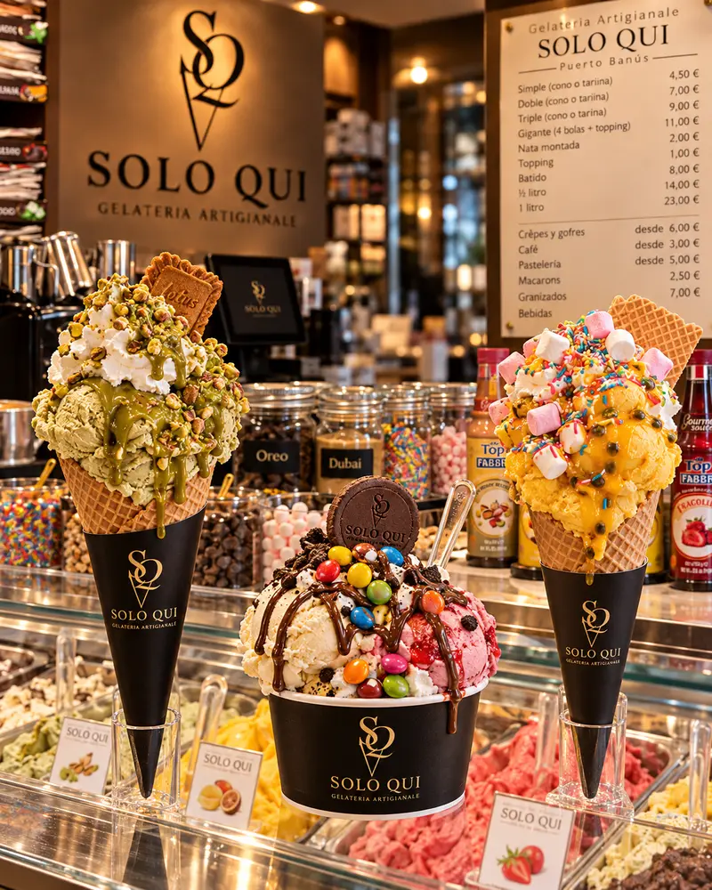 Two cones and a cup piled high with gelato, sweets, wafers and sauce.