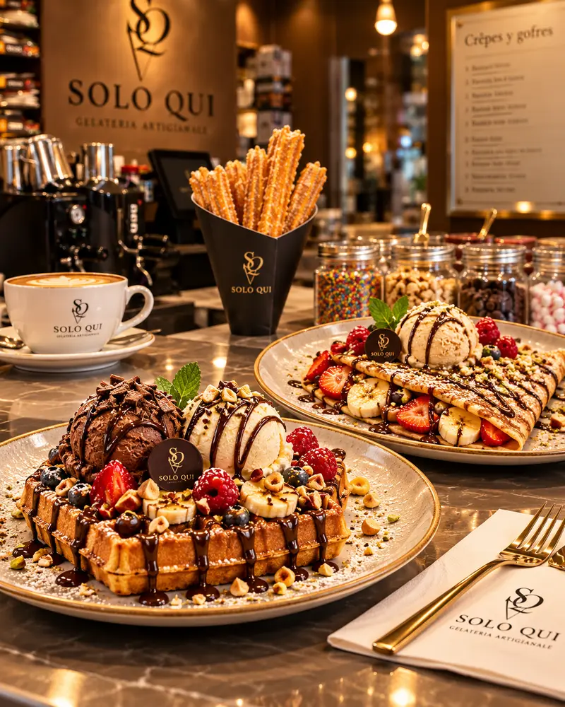 A waffle topped with gelato, berries and chocolate, and a crêpe with banana, strawberries and sauce.
