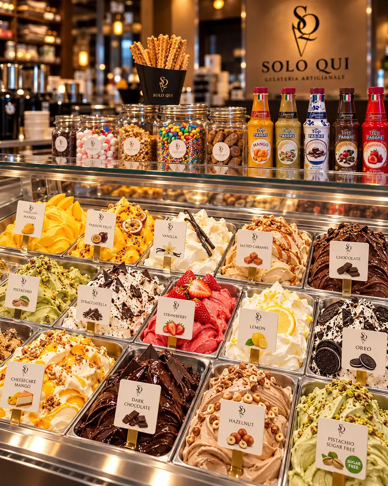 Trays of gelato in the display case, each labelled with its flavour — pistachio, hazelnut, strawberry, Oreo and more.