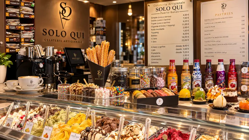 The Solo Qui counter in Puerto Banús: trays of gelato, a cone of churros, jars of toppings, sauces and pastries beneath the menu boards.
