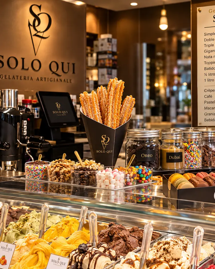 The Solo Qui counter in Puerto Banús with the gelato display, churros and jars of toppings.