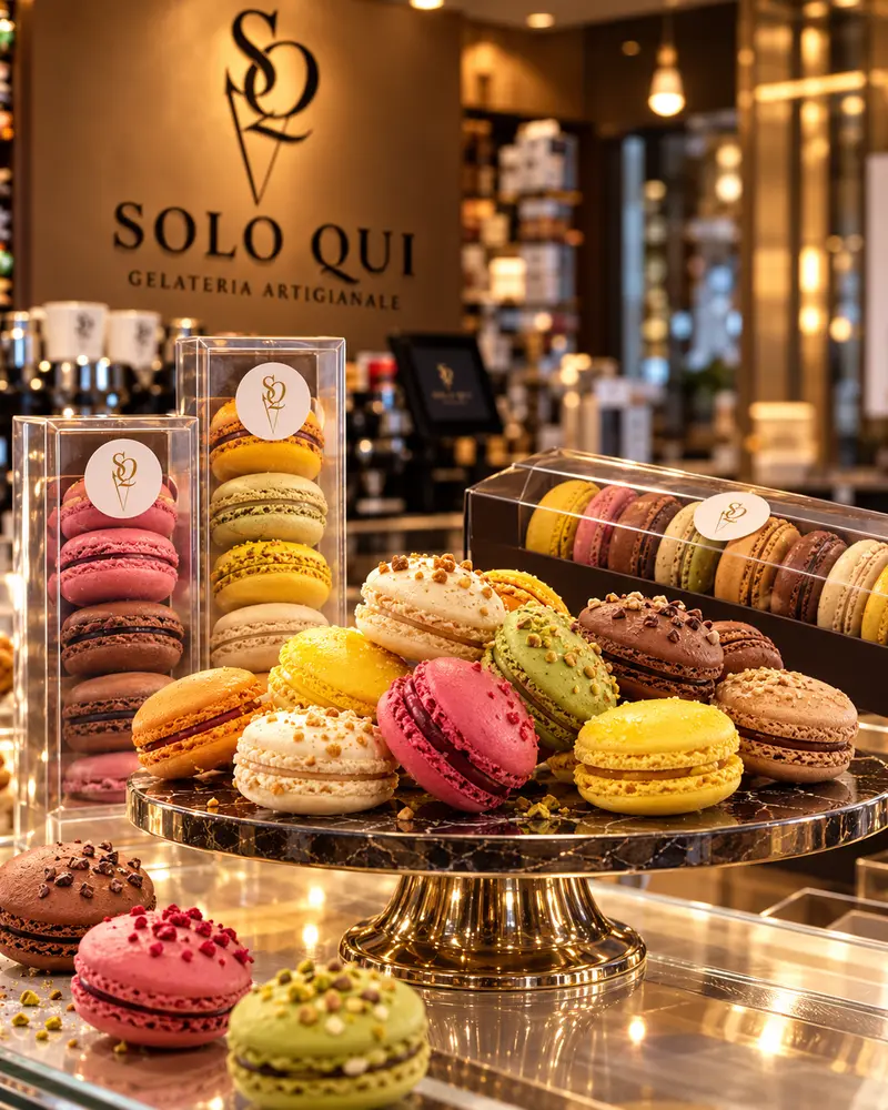 Macarons in pink, pistachio, lemon and chocolate on a stand and in Solo Qui gift boxes.