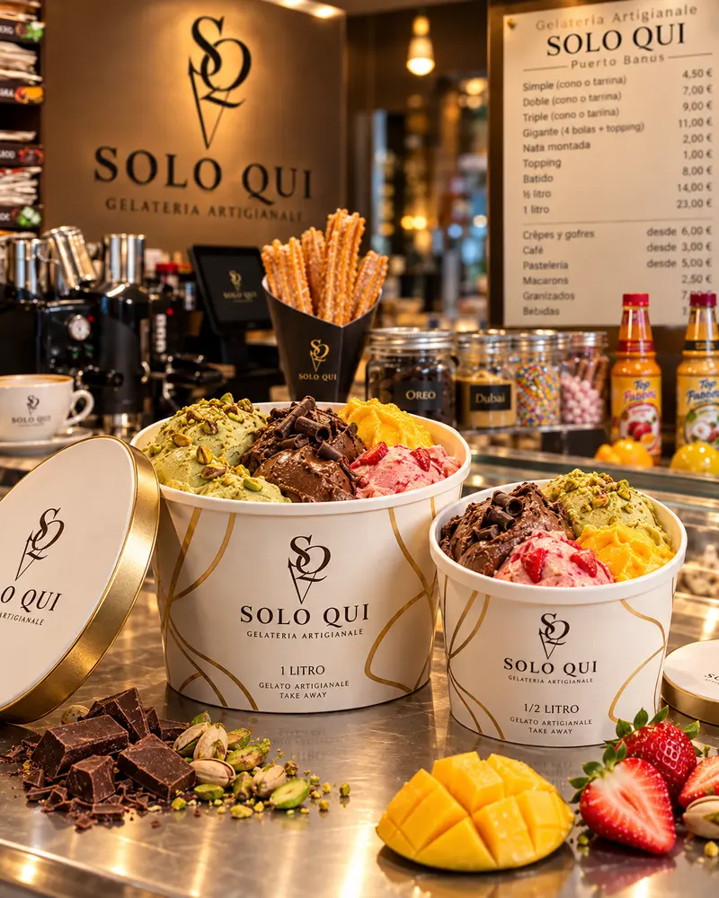 Solo Qui takeaway tubs in ½ litre and 1 litre sizes, filled with several flavours.