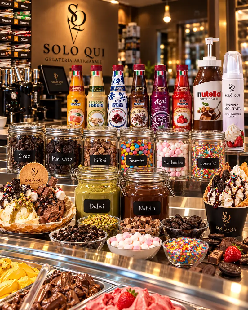 Jars of Oreo, KitKat, Smarties, marshmallows and sprinkles with bottles of sauce and whipped cream.